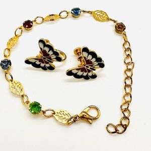 Vintage Butterfly Earrings & Rhinestone Bracelet